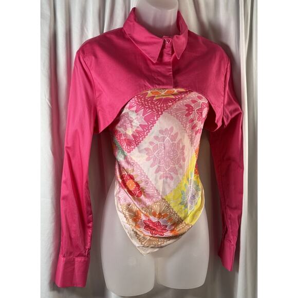 Zara Cropped Poplin Long Sleeve Shirt, Pink Fuchsia, Sz: L, 83-38 - Picture 4 of 12